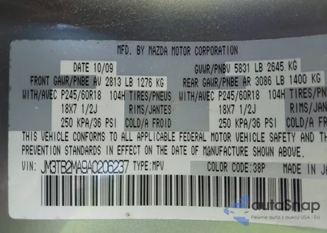 2010 Mazda Cx-9 Sport z USA, uszkodzony, nr VIN JM3TB2MA9A0206237